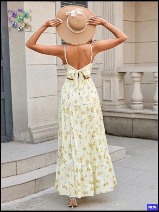 Floral Maxi Sundress Boho V Neck Spaghetti Strap Backless Bow Tie Beach Dress - Picture 3 of 7